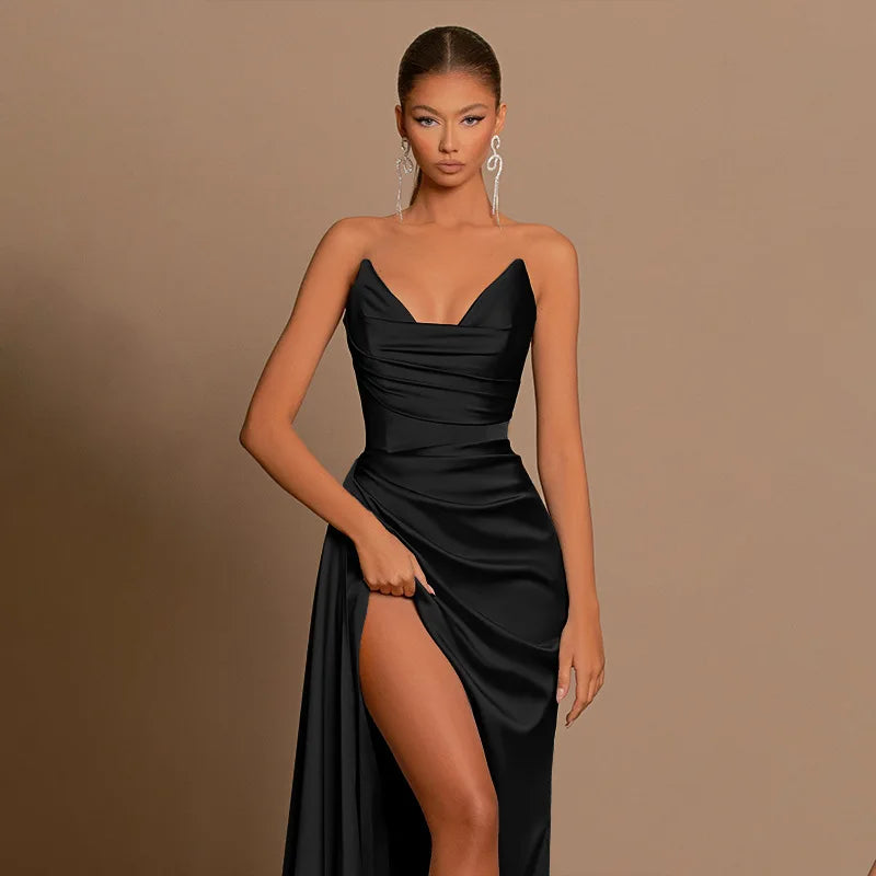 Autumn new European and American fashion temperament sexy slim deep V-waist satin slit dress female