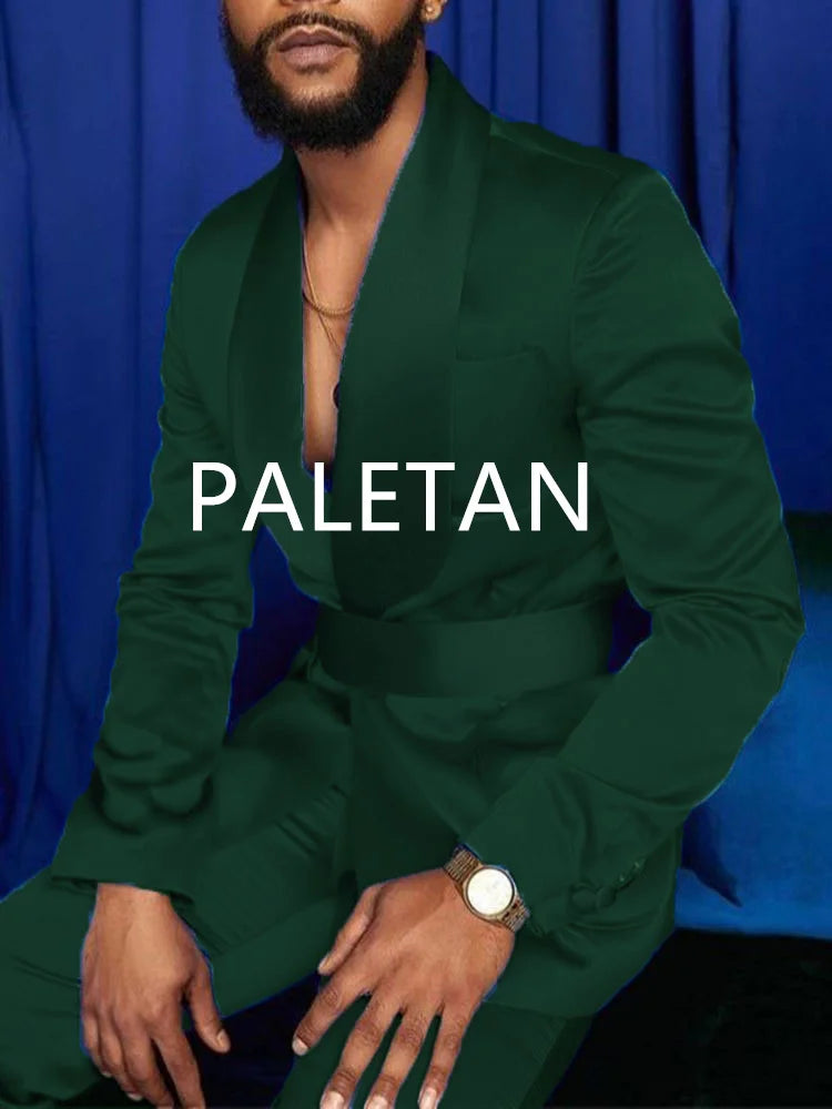 New Fashion Italian Silver Men Suits Satin Slim Fit Royal Blue Shiny Groom Prom Wedding Tuxedo Tailored Blazer Set Costume Homme