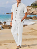 Men's Fashionable Cotton Linen Shirt Set with Cuban Pocket Long Sleeve Casual Two-Piece Suit Spring Autumn 100% Natural Fiber