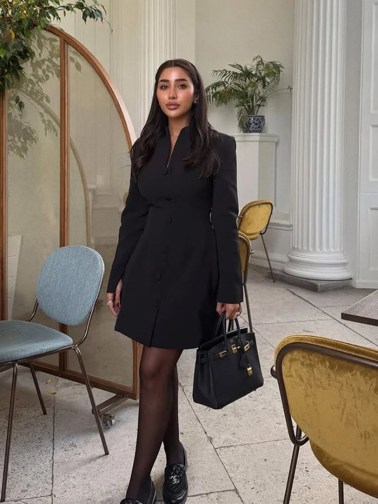 Elegant Stand Collar Mini Dress Women Casual Single Breasted Full Sleeve Cinched-waist Short Dresses Lady Evening Dinner Gowns