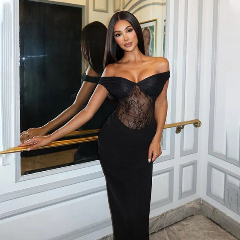 Lace Patchwork Dresses For Women Fashion Sexy Solid See Through Slash Neck Sleeveless Sheath Long Vestidos Robes Female Slim Fit