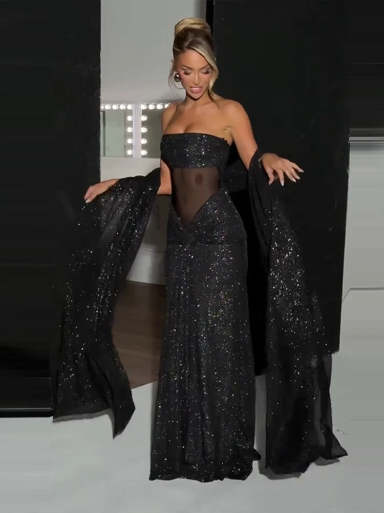 Women's Elegant Bustier Dress Sexy Strapless Corset Transparent Draped Satin Lace Up Bodycon Dresses Evening Party Shining Robe