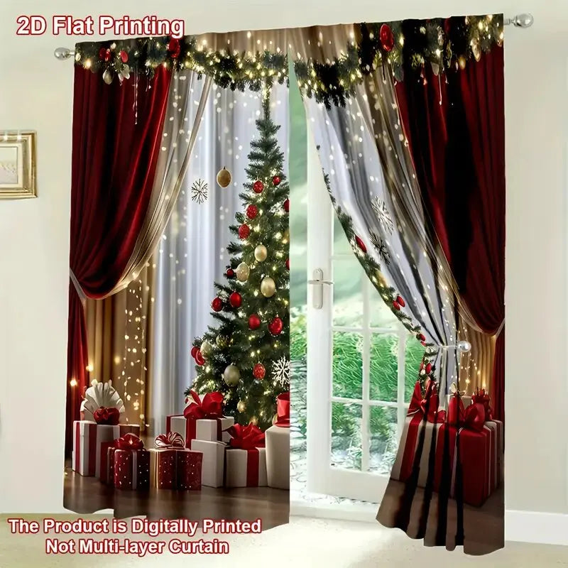 2 pieces - Luxurious Christmas tree print curtains, pole bag curtains, home decoration, room decoration、30*65inch