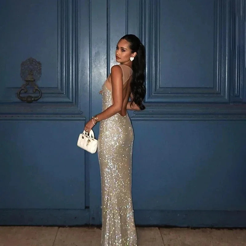 Chic Women Bling Glitter Sequins Sling Dress Fashion Sliver Sleeveless Backless Bodycon Maxi Robes Lady New Party Club Gown