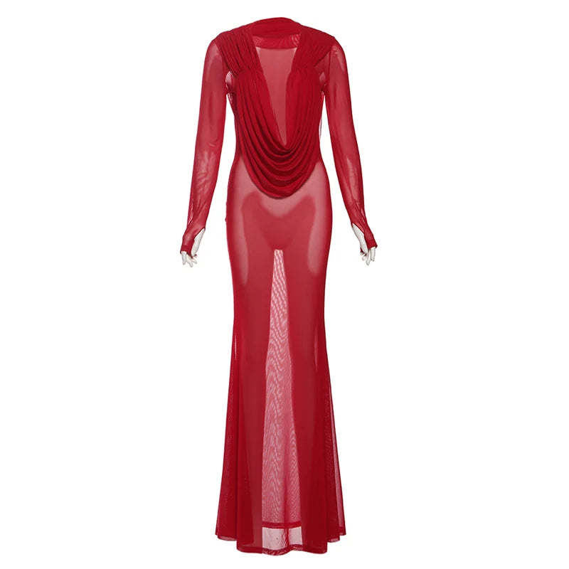 Nibber Sexy Swinging Collar Maxi Dress Women Patchwork See Through Full Sleeve Midnight Party Skinny Coquett Wild Vestidos