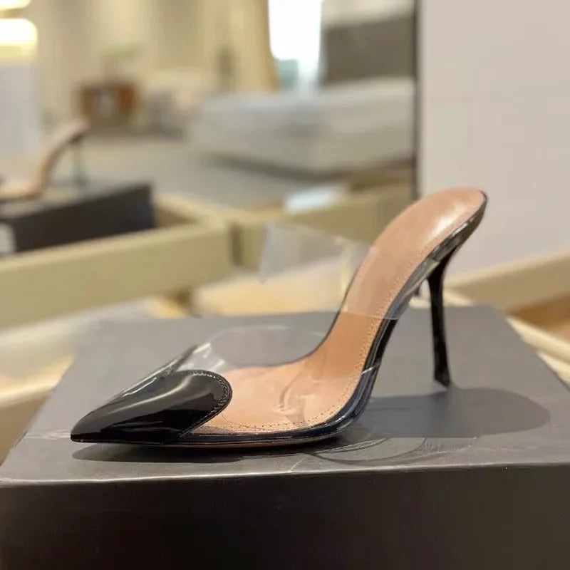 Elegant Pointed Toe Transparent PVC Heart High Heels Mules Slipper Shoes Women 2025 Black White Red Shoes Luxury Designer Pumps