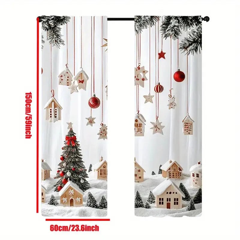 2pcs - Christmas gingerbread house and cedar tree pattern printed curtains, pole bag curtains, home decoration, room decoration