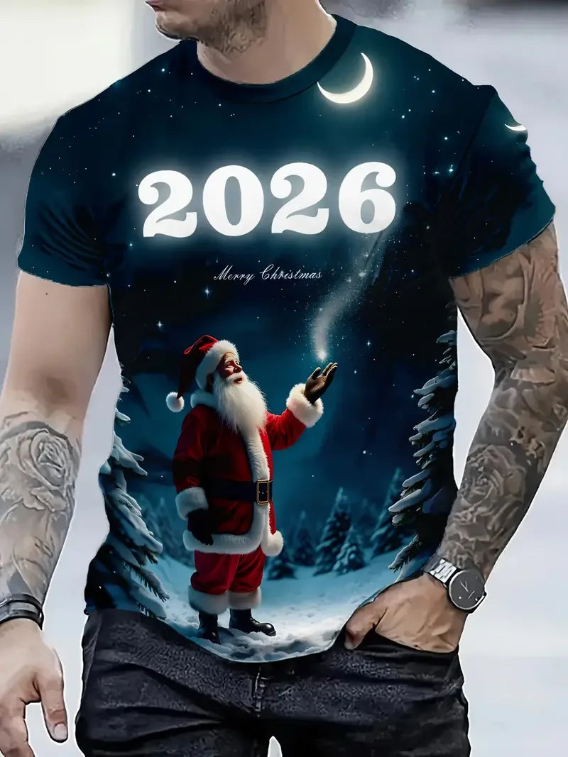2026 Christmas T-Shirts Summer Funny Santa Claus Fashion Tops Tee Mens Shirts Summer Holiday Boys Casual Streetwear Clothing