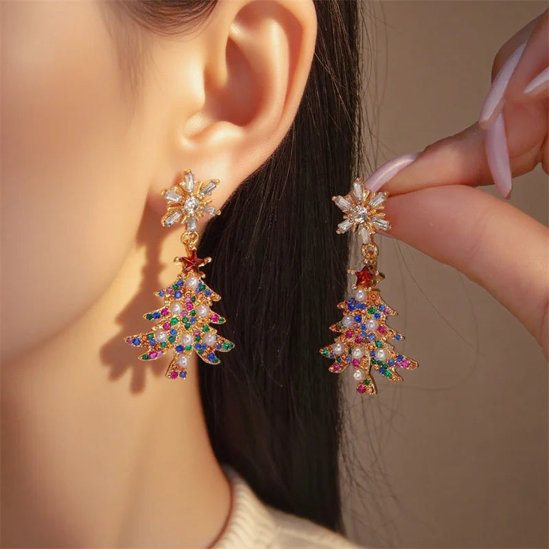 Christmas Rhinestone Bells Drop Earrings For Women Exquisite Imitation Pearl Xmas Tree Star Dangle Earring Party Holiday Jewelry