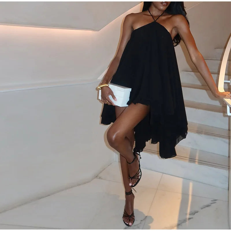 Elegant Halter Ruffles Short Dress Women Loose Solid Strapless Sleeveless Backless Dresses 2025 Summer Lady Beach Vacation Robes