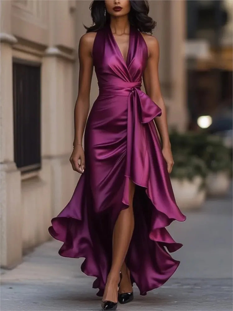 Elegant Women's Evening Rules Ruffled Slit Dress Summer Sexy Deep V Neck Backless Slimming Lady Waist Cinching Lace Up Dreses