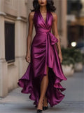 Elegant Women's Evening Rules Ruffled Slit Dress Summer Sexy Deep V Neck Backless Slimming Lady Waist Cinching Lace Up Dreses