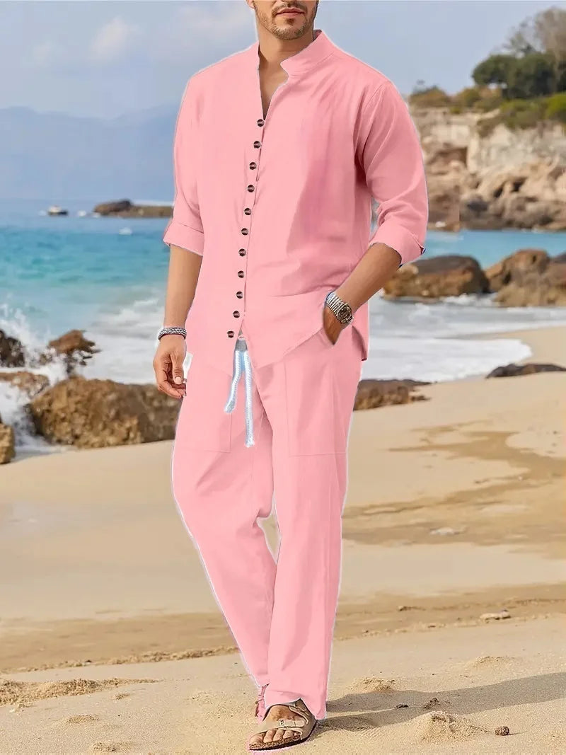 Men's Fashionable Cotton Linen Shirt Set with Cuban Pocket Long Sleeve Casual Two-Piece Suit Spring Autumn 100% Natural Fiber