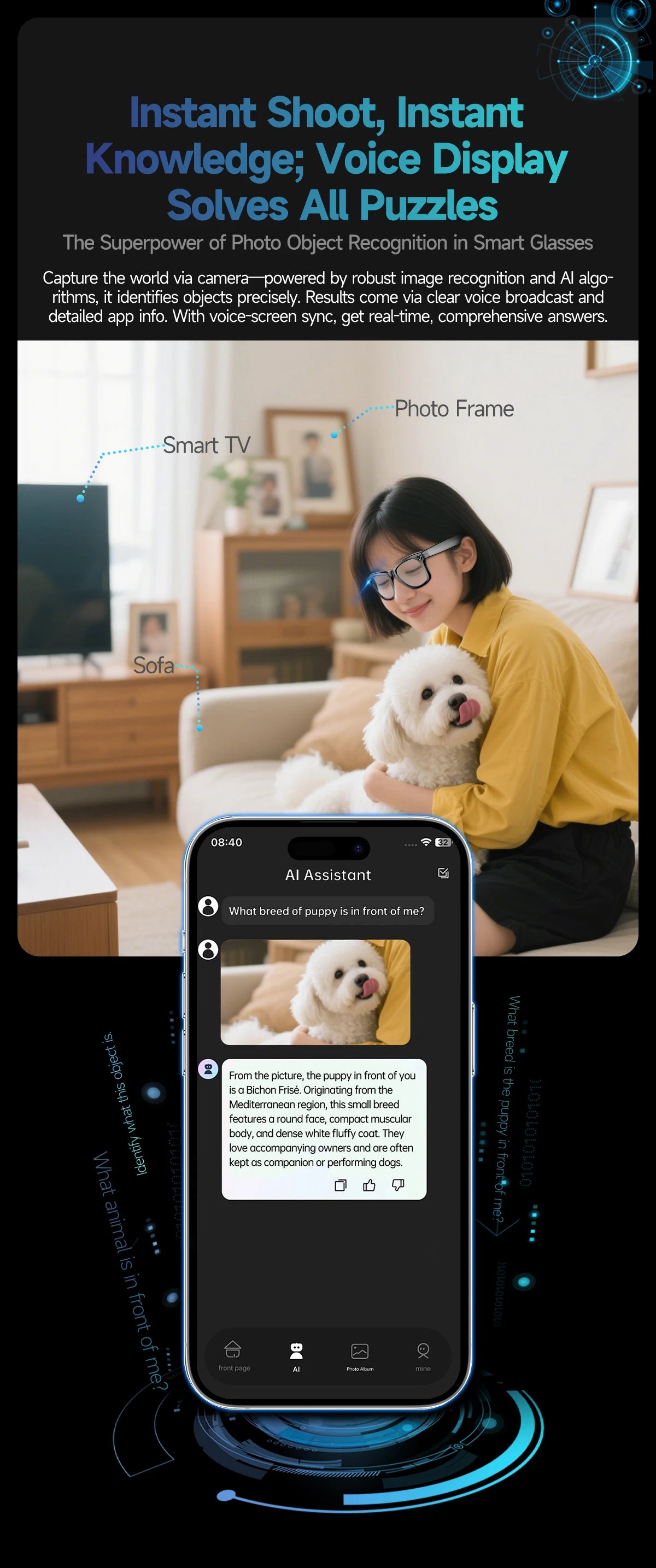 Smart AI Translation Smart Glasses Take Photos Recognizing Objects 4K Camera Bluetooth Music Call Intelligent Recording Glasses