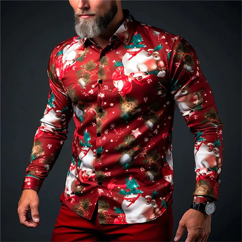 Christmas Men's Snowflake Satin Button Shirt Long Sleeve Casual Holiday Party Evening Wear Daily Four Seasons Lapel Shirt