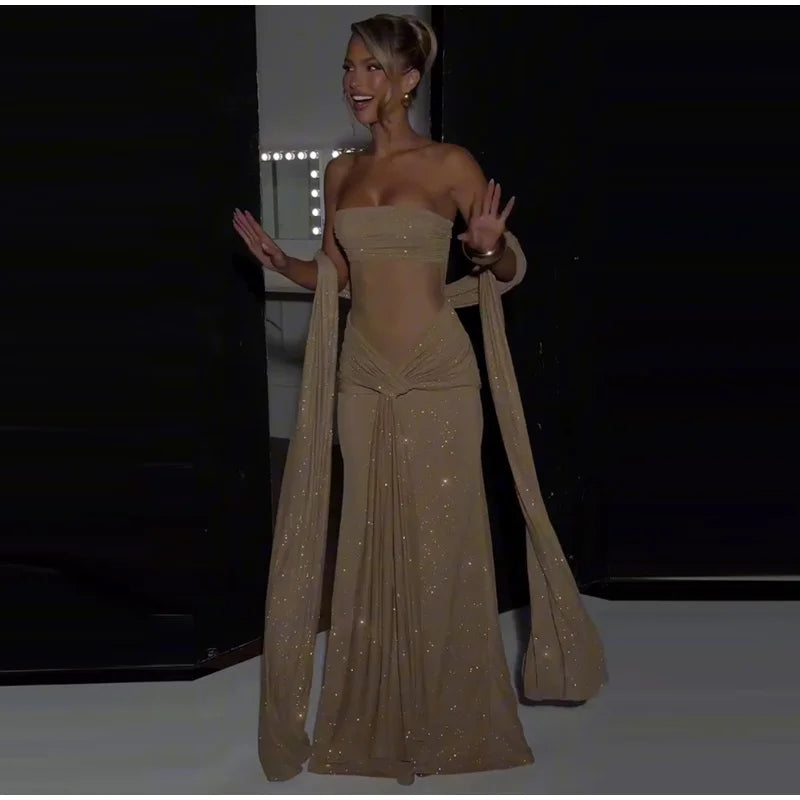 Women's Elegant Bustier Dress Sexy Strapless Corset Transparent Draped Satin Lace Up Bodycon Dresses Evening Party Shining Robe