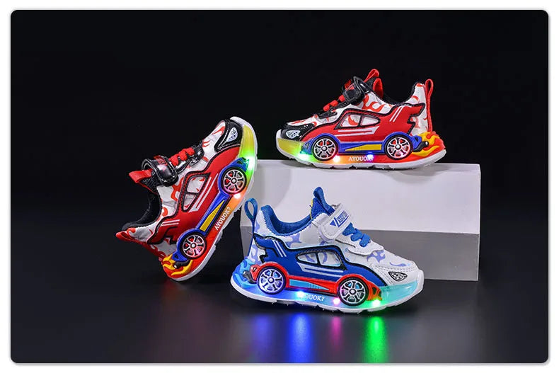 Spring Kids Shoes New Fashion Versatile Casual Shoe Anti Slip Cartoon Car Boy Shoe LED Lights Simple Trendy Sneakers Кроссовки