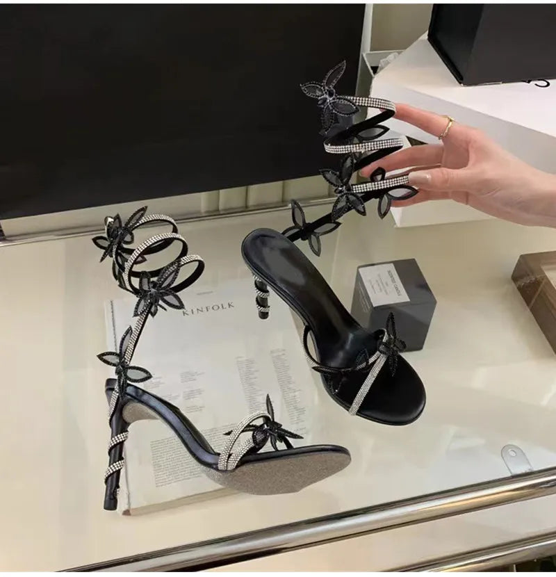 Luxury Crystal Embellished Butterfly Detail Women Sandals Sexy Coiled Strap High heels Gladiator Sandals Summer Party prom Shoes, need a dress