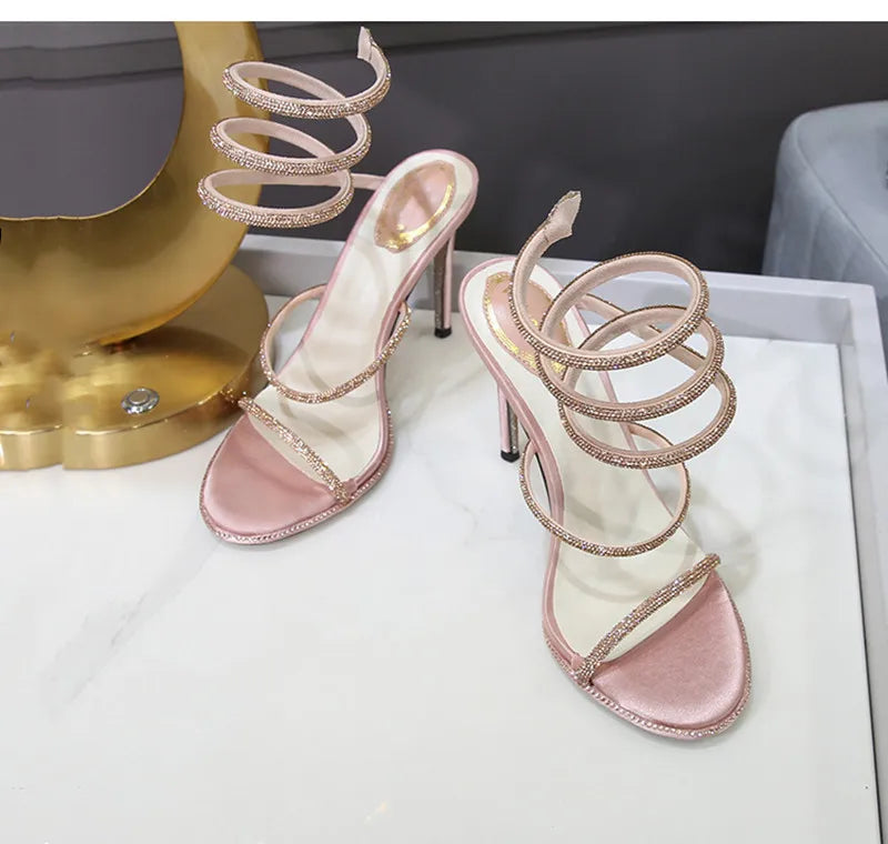 Fashion Summer Snake Twine Around Crystal Women Sandals Luxury Rhinestones Thin High heels Gladiator Sandals  Party Prom Shoes, match a dress anytime