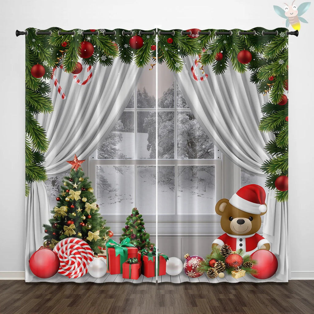 2pcs Christmas Teddy Bear Print Blackout Curtains Insulation Multiple Sizes Living Room Bedroom Decoration, Machine Washable