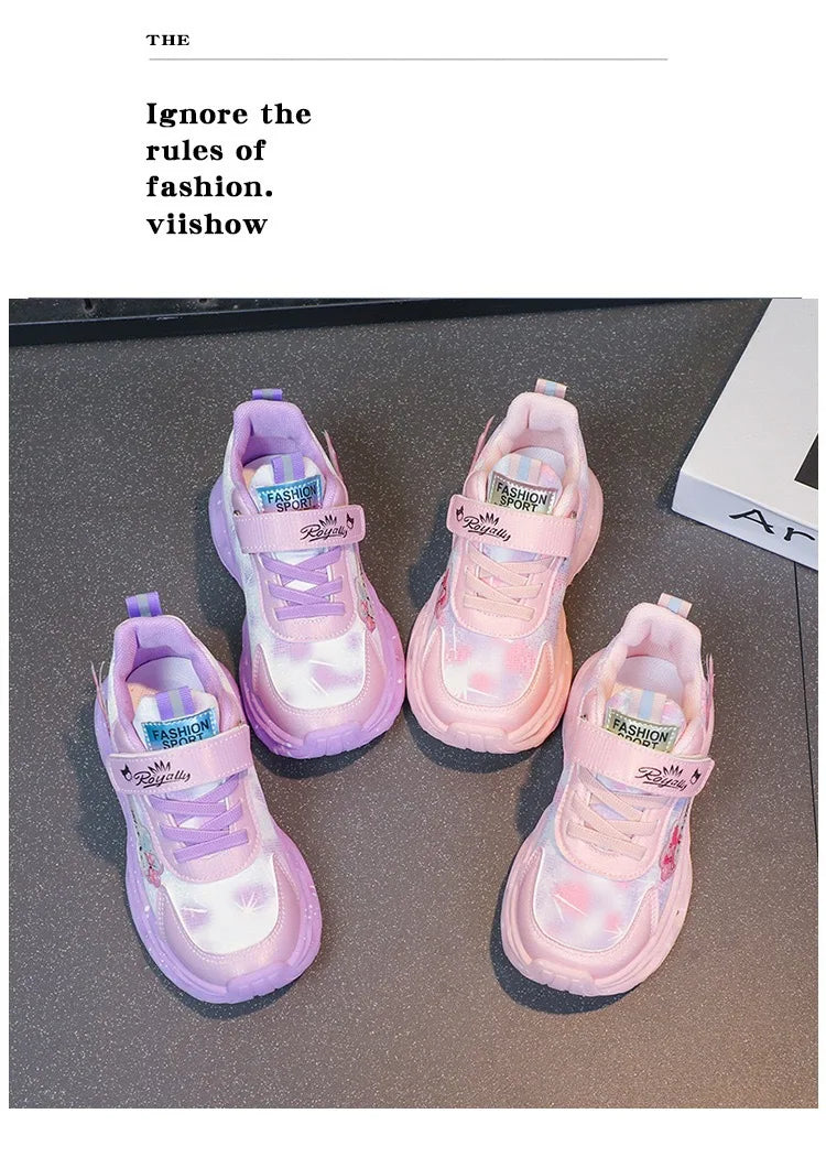 2025 New Light Up Girls Running Shoes Cartoon Leather Waterproof Breathable Anti Slip Trendy Kids Sneakers