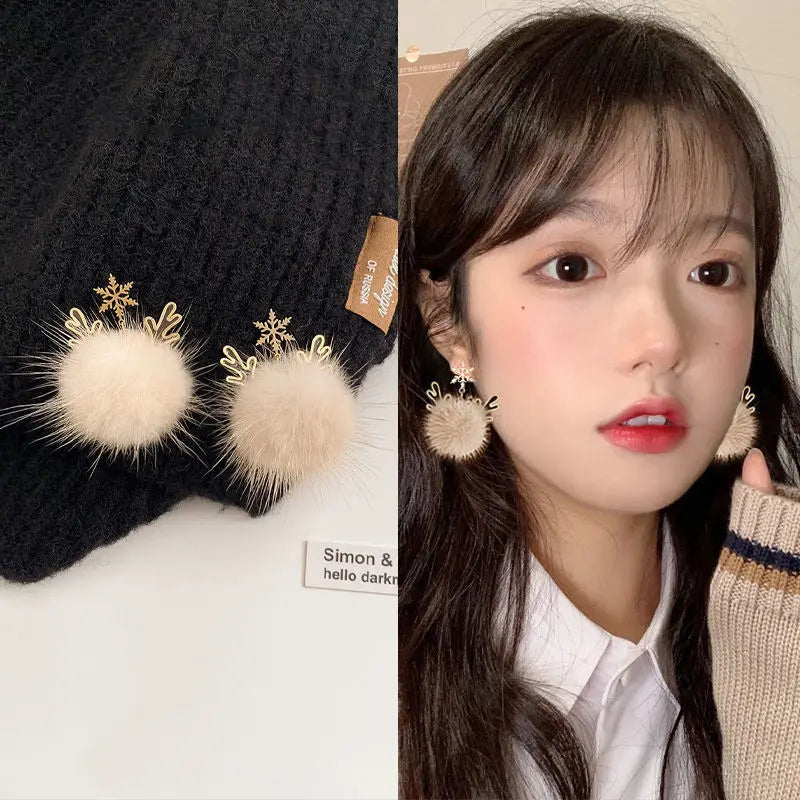 Cute Pompom Ball Bow Snowflake Elk Earrings Sweet Fashion Jewelry for Women and Girls New Year Gifts