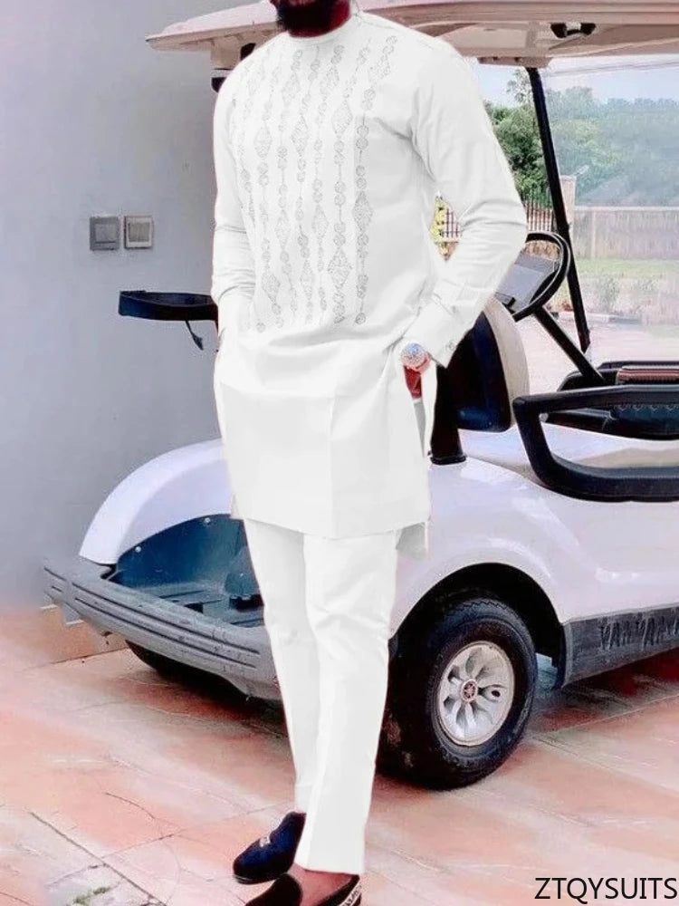 Two Pieces Set Men African Suit Long Sleeve Round Collar Print Shirt Pants Africa Traditional Wedding Party Outfits Slim Suits