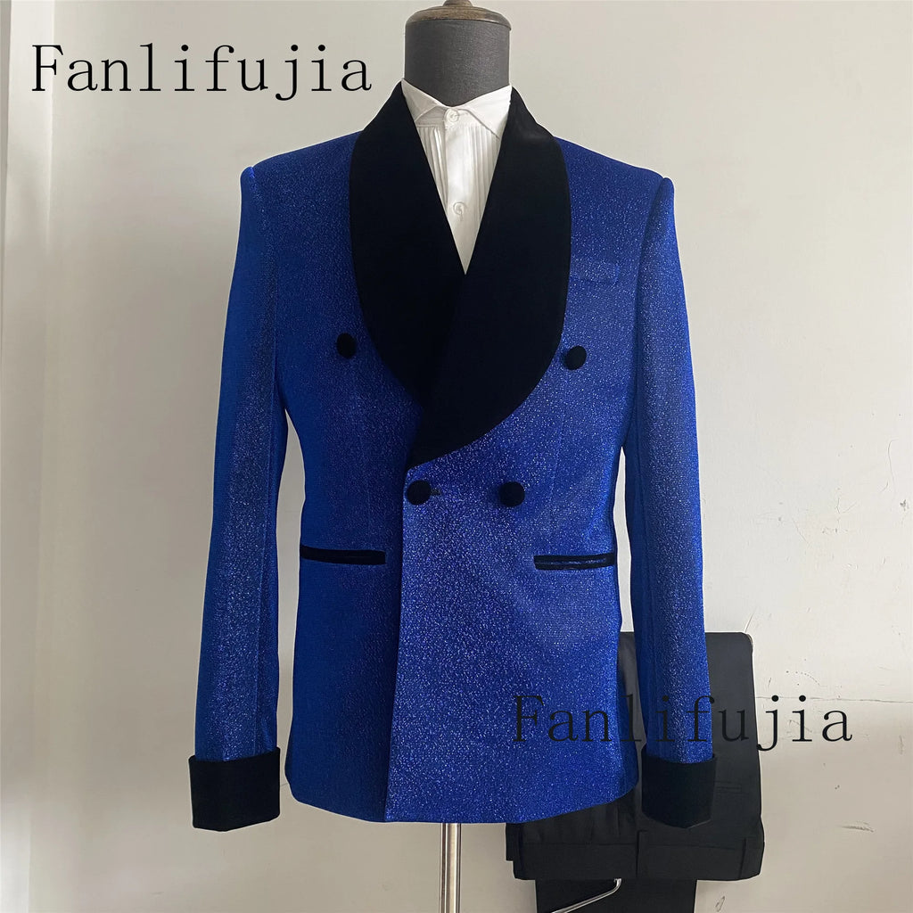 Fanlifujia Luxury Red Glitter Suits Men Groom Wedding Tuxedo Double Breasted Blazer Formal Evening Party