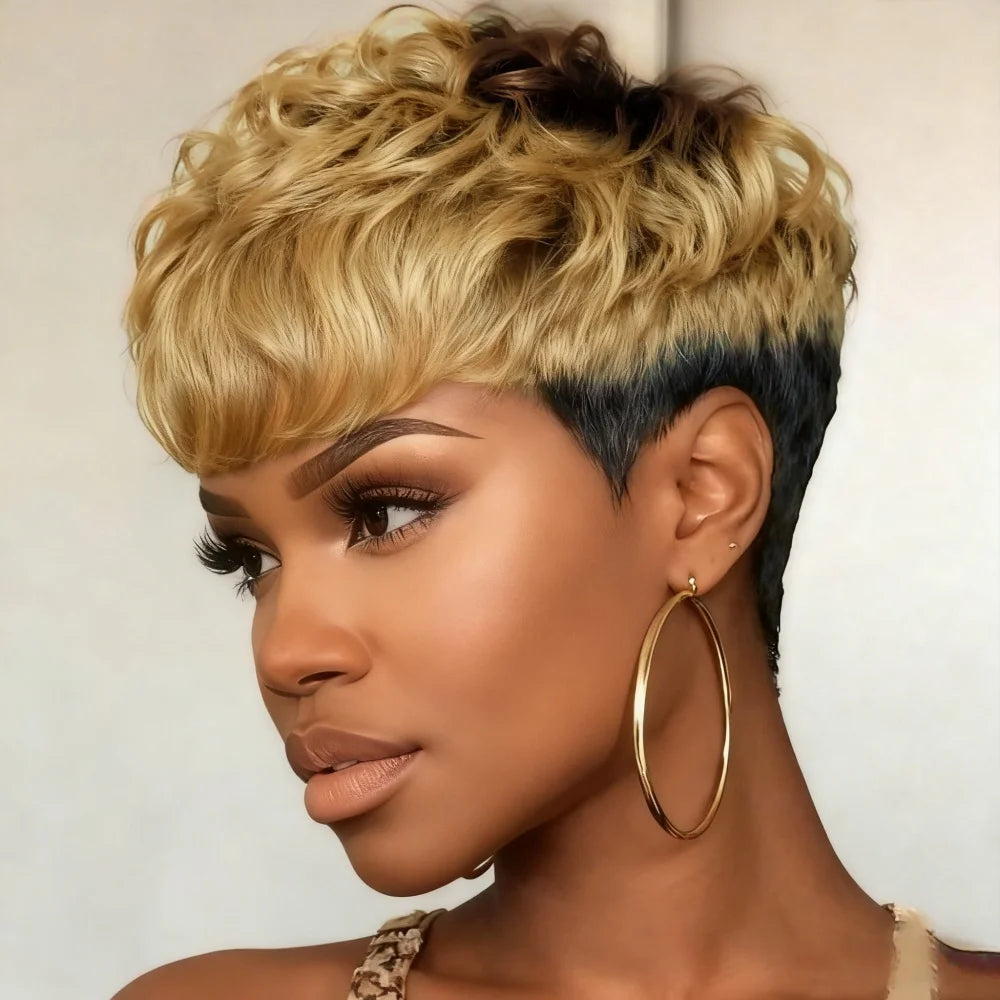 Short Pixie Cut Straight Human Hair Wig With Bangs Peruvian Hair Full Machine-Made Layered Pixie Cut For For Daily Wear