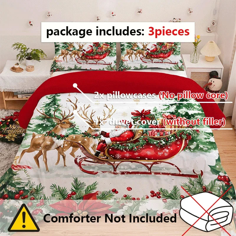 3PC Sled Elderly Duvet Cover Cute Elk Set Bedding Set (1Duvet Cover&2Pillowcases) Christmas Furniture Decor No Filler/Core