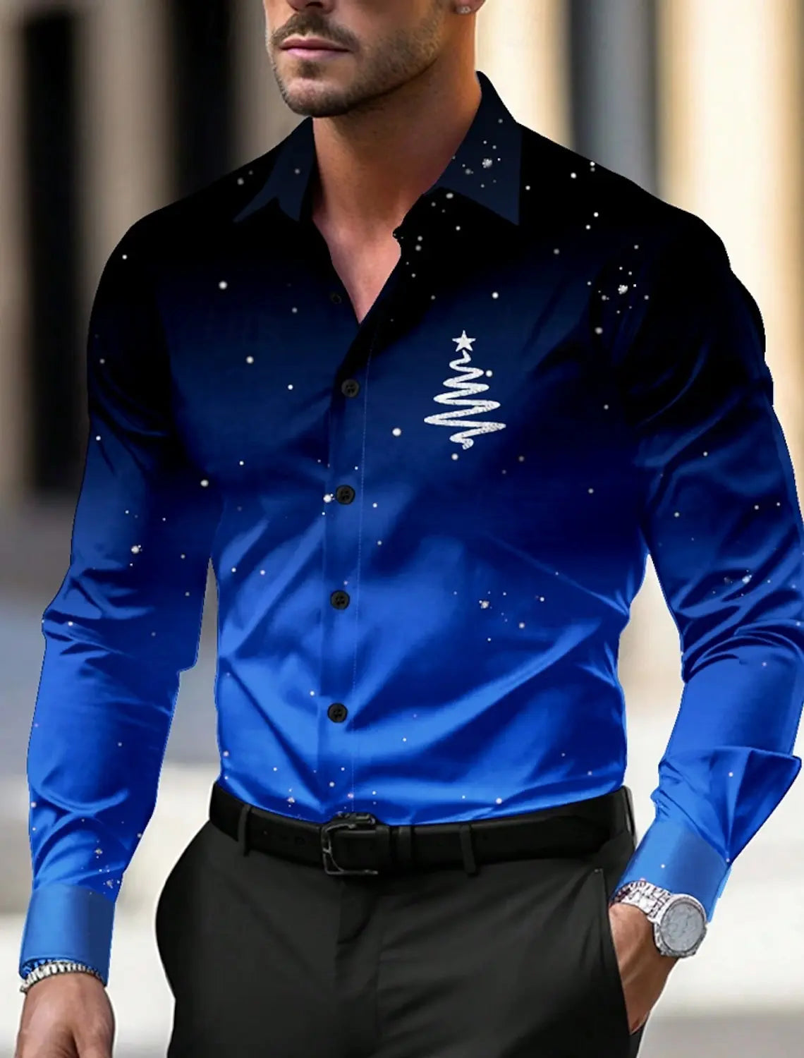 Christmas Theme Men's Christmas Trees Printed Shirts Snowflake Gradient Graphics Button Up Long Sleeve Shirts Fashion Tops Thin