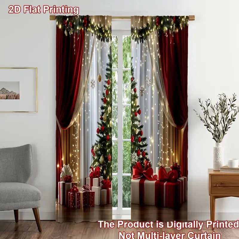 2 pieces - Luxurious Christmas tree print curtains, pole bag curtains, home decoration, room decoration、30*65inch