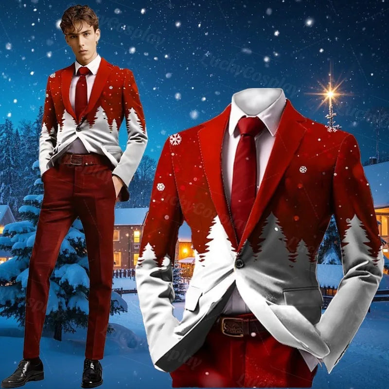 Christmas Outfit Men New Year Suit with Tie Long Sleeve Jacket Xmas Event Costume Fashion Carnival Party Coat Adult 2025 New