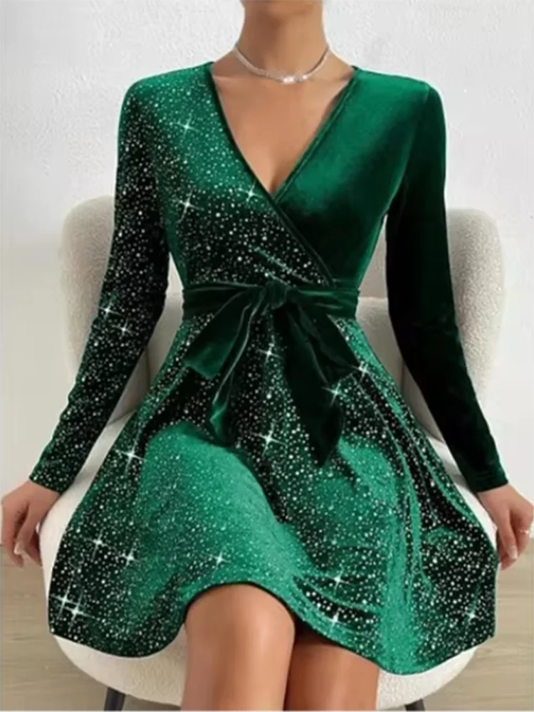 4 Color Sparkling Mini Dress Women's Sexy A-Line Long Sleeved Dress Spring Autumn Party Solid Color Dresses