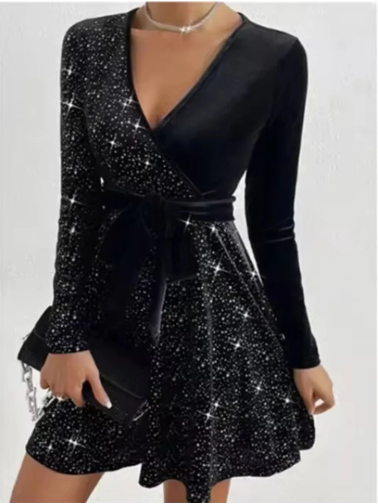 4 Color Sparkling Mini Dress Women's Sexy A-Line Long Sleeved Dress Spring Autumn Party Solid Color Dresses