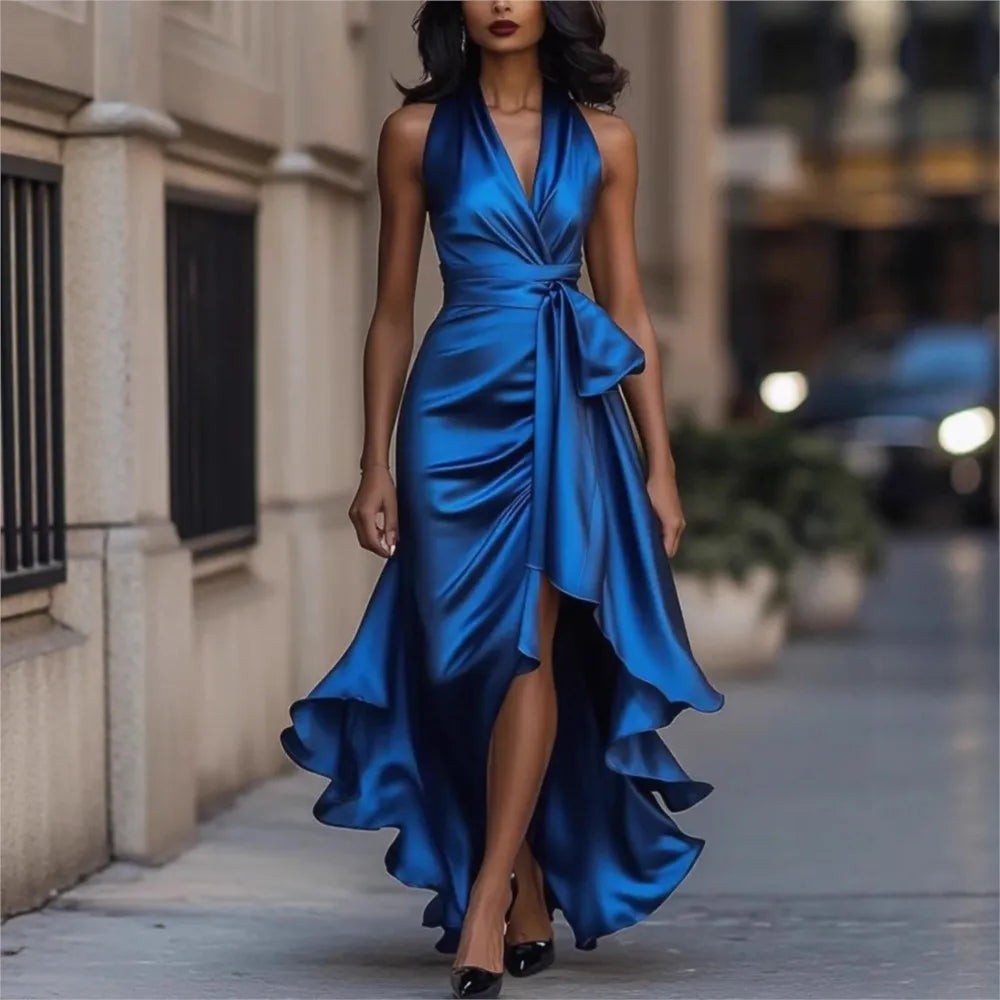 Elegant Women's Evening Rules Ruffled Slit Dress Summer Sexy Deep V Neck Backless Slimming Lady Waist Cinching Lace Up Dreses