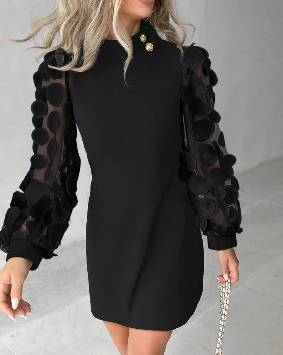 Women'S Black Lace Dress Spring Autumn Fashion Elegant New Lantern Sleeve O-Neck Casual Party Mini Dresses For Ladies