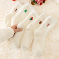 Cozy White Plush Xmas Socks - 5PCS Mid-Calf Warm Holiday Socks with Festive Designs for Teens. Soft & Thick for Winter Comfort!