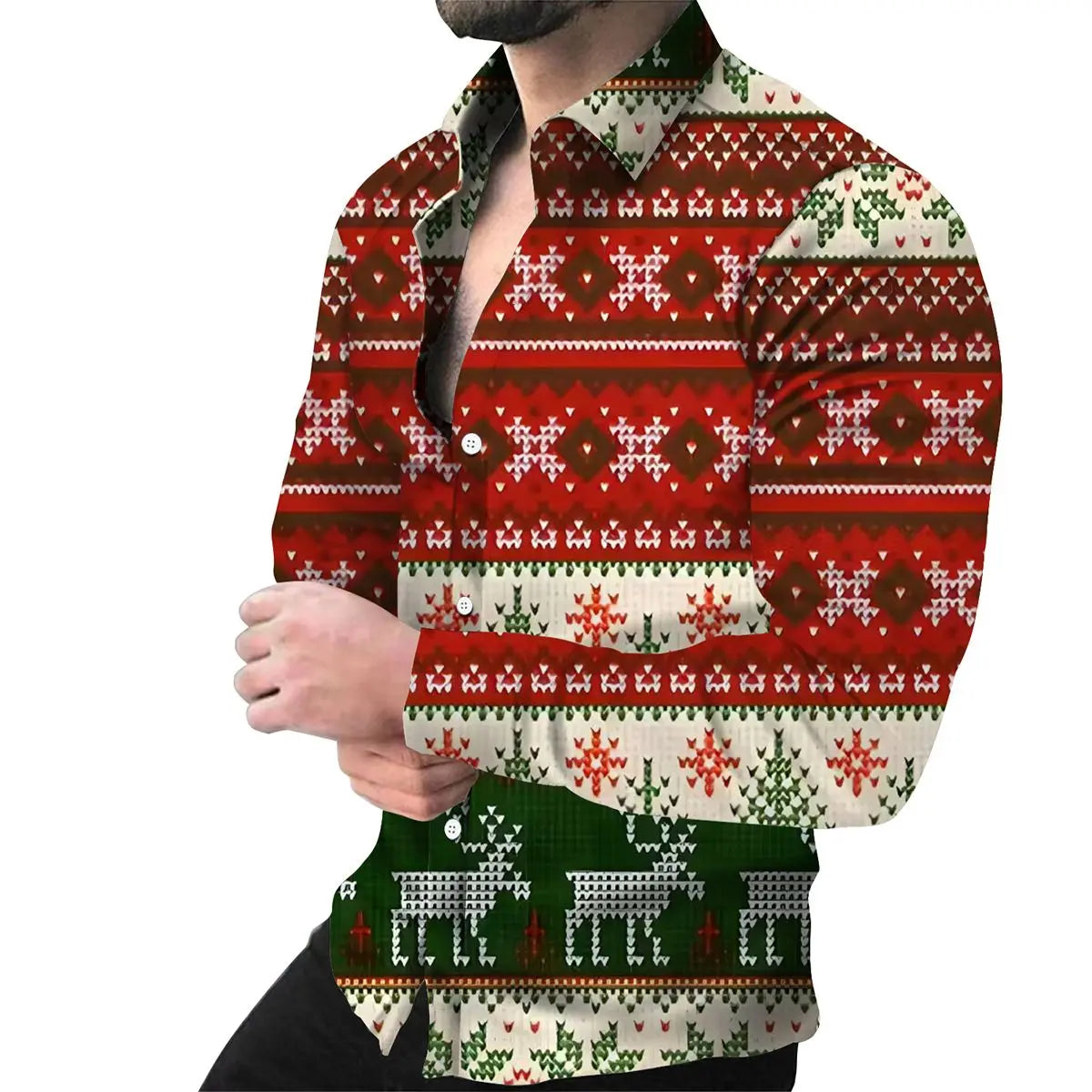 Autumn and Winter Christmas Pattern Printed Men's Long Sleeve Shirt Men's Casual Collar Cardigan Shirt Top Non Stretch Thin
