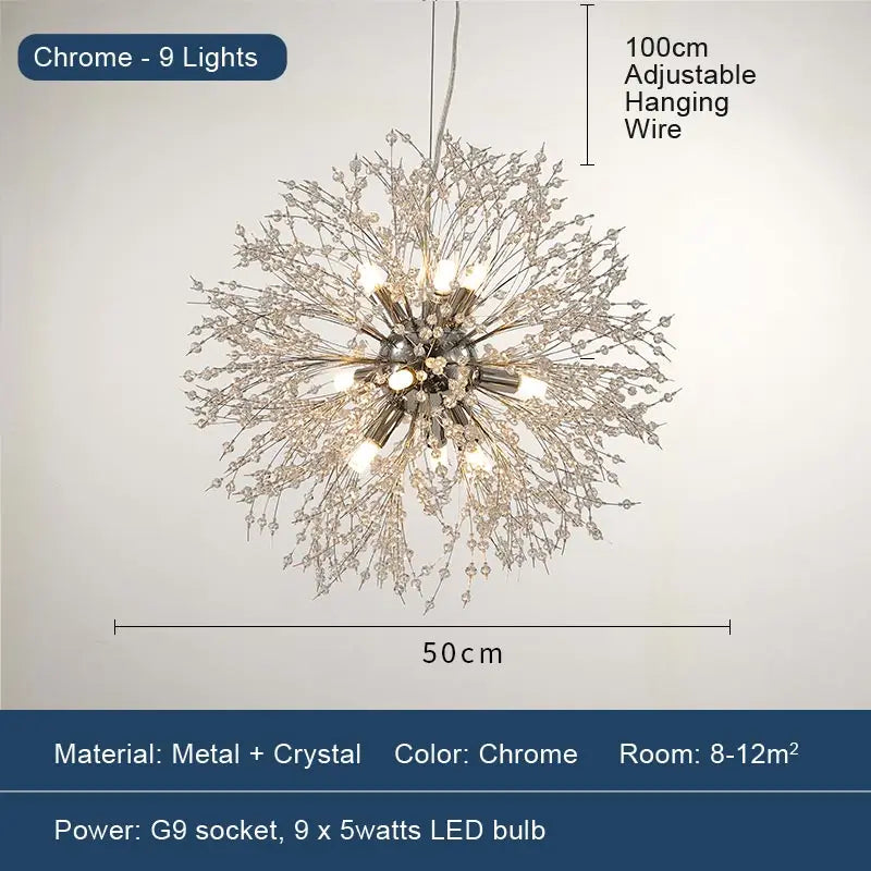 LED Dandelion Pendant Light Modern Crystal Beads Hanging Light Dining Room Living Room Bar Counter Home Decoration G9