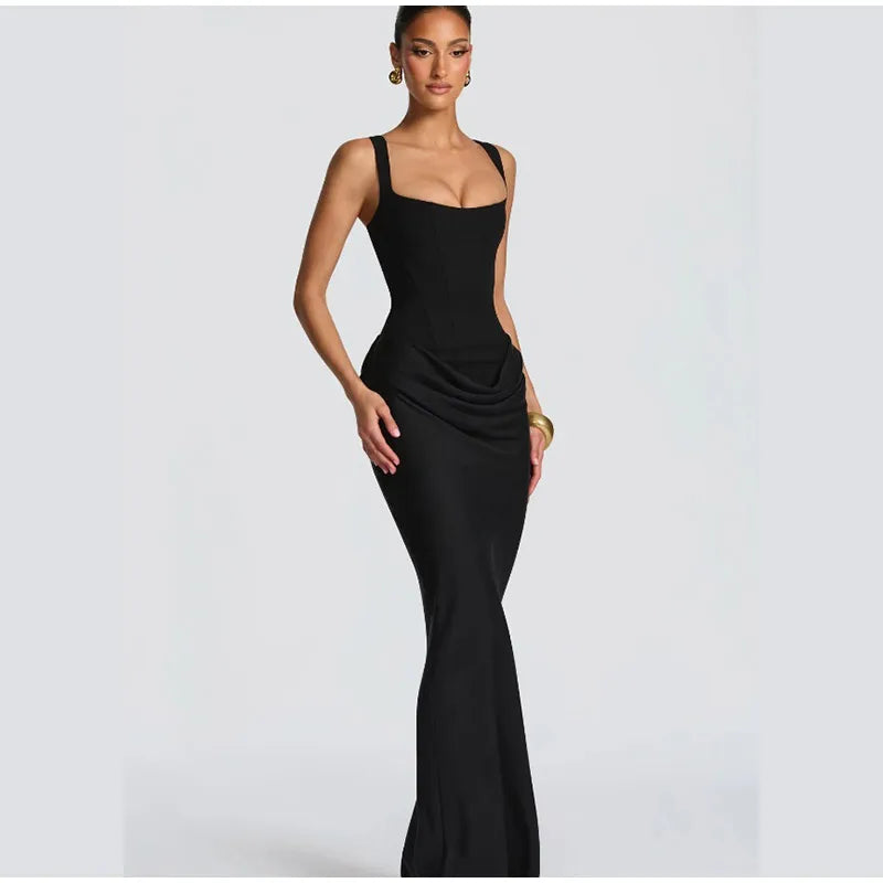 Women Brown Pleated Sling Maxi Dress Square Neck Sleeveless Off-shoulder Waist Cinching Slim Dresses Fashion Evening Party Gowns