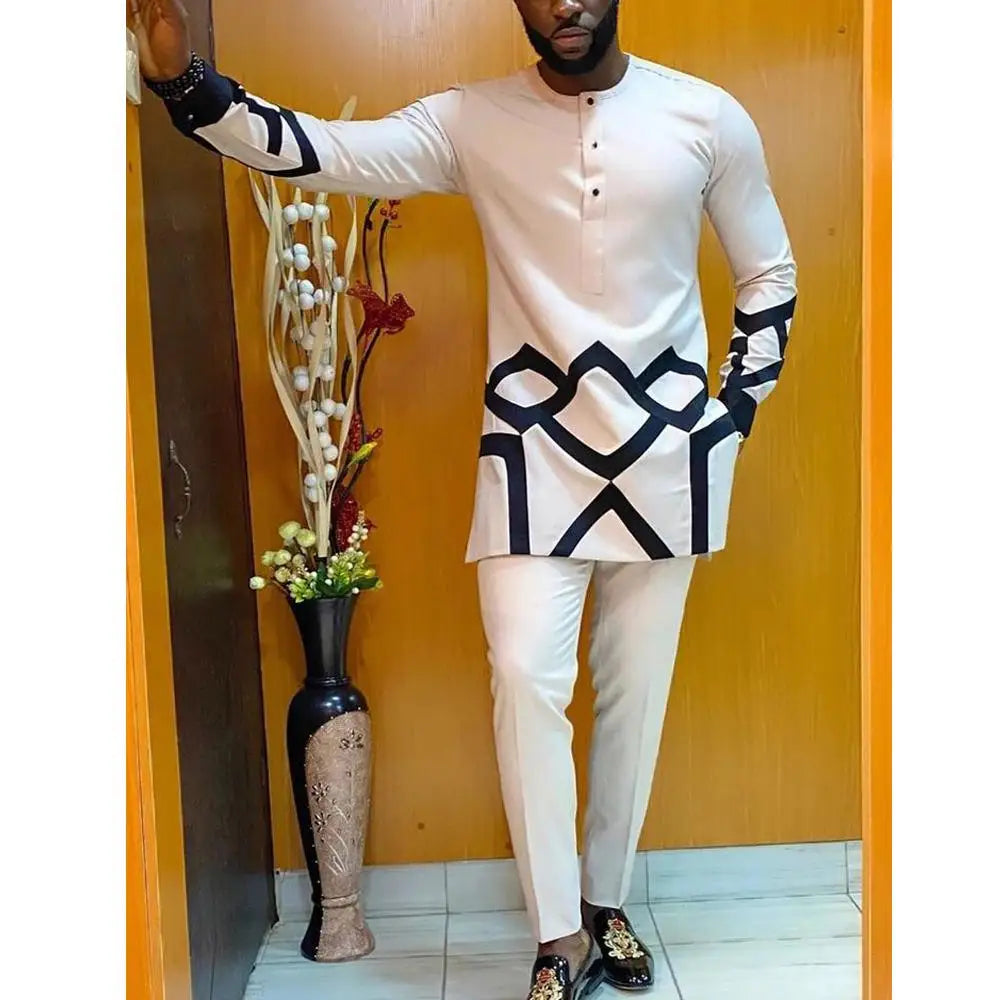 2025 New African Traditional Men's Suit Fashion Luxury Men's Suit Casual Loose Two Piece Set Holiday Wedding Men's Suit Kaftan