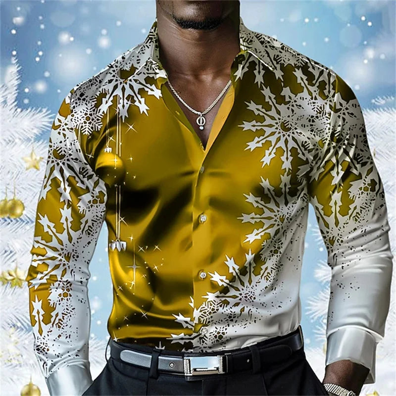 Christmas Men's Snowflake Satin Button Shirt Long Sleeve Casual Holiday Party Evening Wear Daily Four Seasons Lapel Shirt