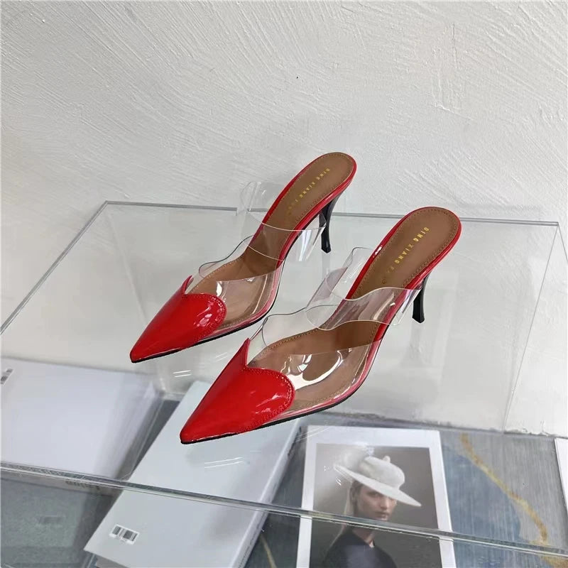 Elegant Pointed Toe Transparent PVC Heart High Heels Mules Slipper Shoes Women 2025 Black White Red Shoes Luxury Designer Pumps