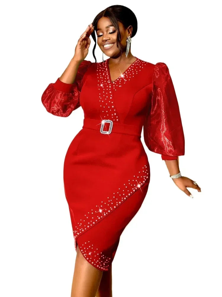 Luxury Red Evening Dress V-neck Bead Belt Mesh Lantern Long Sleeve Sexy Women's Party Classy Office Ladies Wedding Guest Gowns