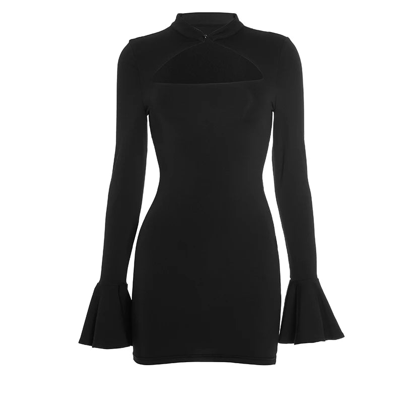 CUTENOVA Fall New Arrival Women Solid Color Bodycon Button Up Bell Sleeve Mini Lace-Up Strapless Sexy Bodycon Sexy Hottie Dress