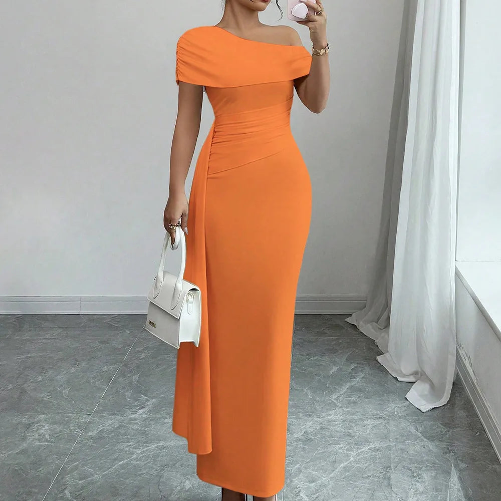 Sheath Dress Women Party Long Dresses Asymmetrical Diagonal Collar Slim Folds Maxi Gown Summer 2025 Female Sexy Vestidos