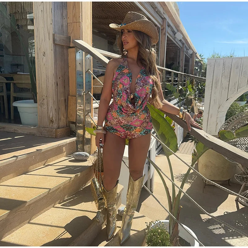 Colorful Sequin Halter Plunge-Neck Set Sleeveless Backless Vest Bodycon Mini Skirt 2025 Summer Party Chic Suit Sexy Lady Outfit