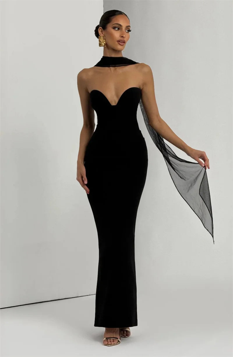 Mozision Off-shoulder Backless Sexy Maxi Dress Women Gown Elegant Zipper Halter Sleeveless Bodycon Club Party Long Dresses