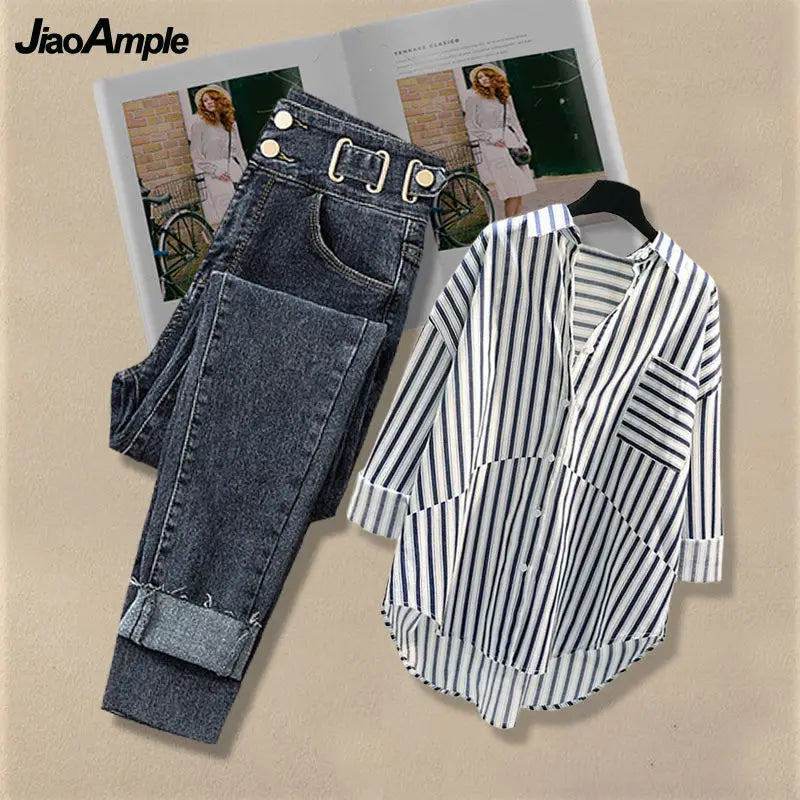 Women Spring/Summer New Matching Set 2026 Korean Elegant Striped Shirt Top+Jeans Two Piece Female Loose Blouse Denim Pants Suit